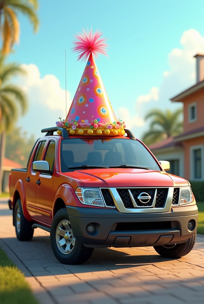 A Nissan Frontier with a birthday hat 