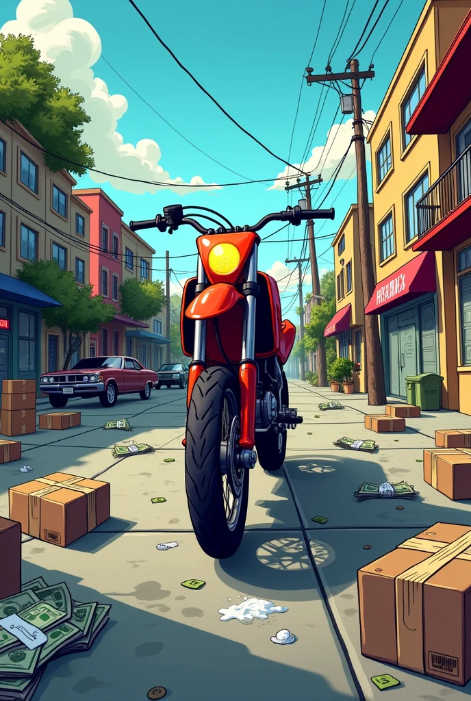neighborhood with buildings and a dirt bike and bags of money on the ground and bags of white powder and brown cardboard boxes in cartoon
