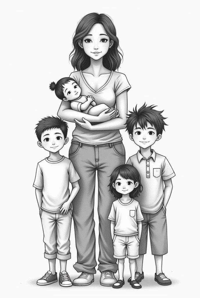 Pai's family, there is, A son of 11, a 9 year old son, a 4 year old son, a 2 year old son and a baby on her lap. tall shoe, Low Mother. In pencil drawing