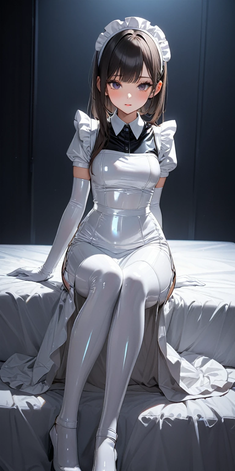 Full-body photo、Front facing pose、(masterpiece,Highest quality,Ultra-high resolution),Japanese women, Maid Headband、(((A very beautiful 25 year old))),(White latex maid outfit)、(((White latex long skirt)))、White latex long gloves、White latex tights、Latex is very shiny、Tight white latex bodysuit、Dark room at night、Sitting on the bed