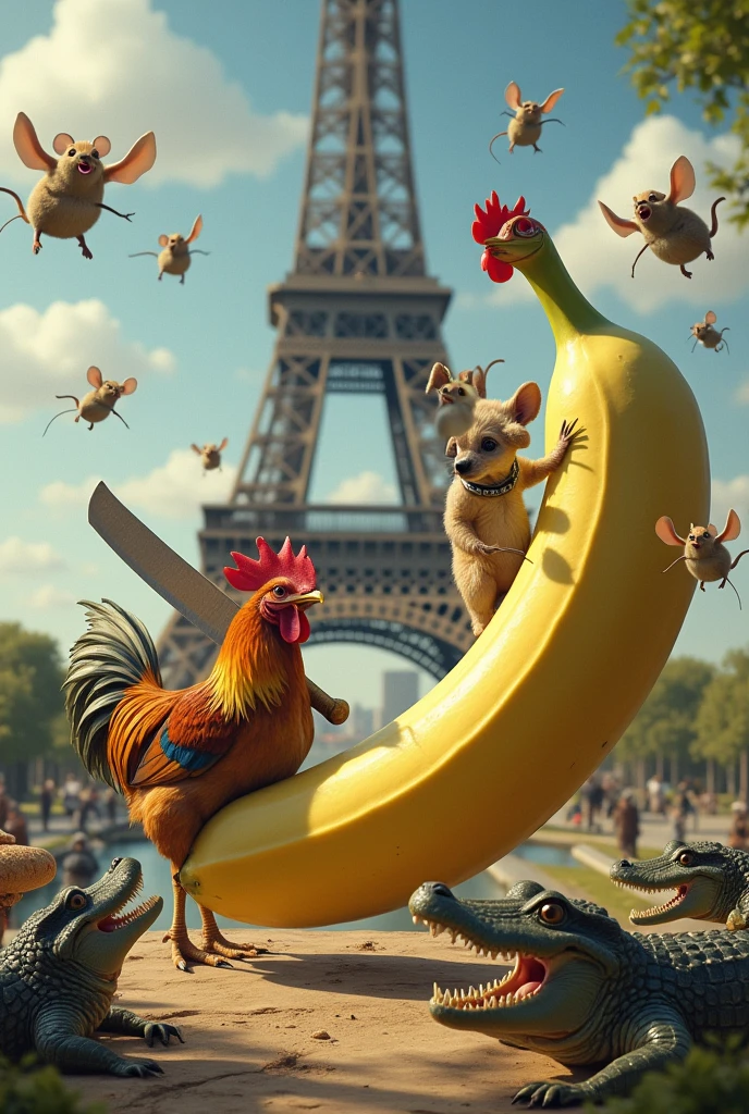 Un banane realiste qui combat une poulette avec une machette et des crocodile qui les regarde et des des souris qui danse sur la tour a paris et un chien qui mange un pain