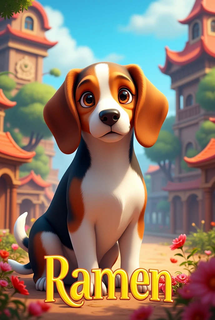 Disney movie poster with a male beagle dog. Fur is dark brown ang white. Title is Ramen