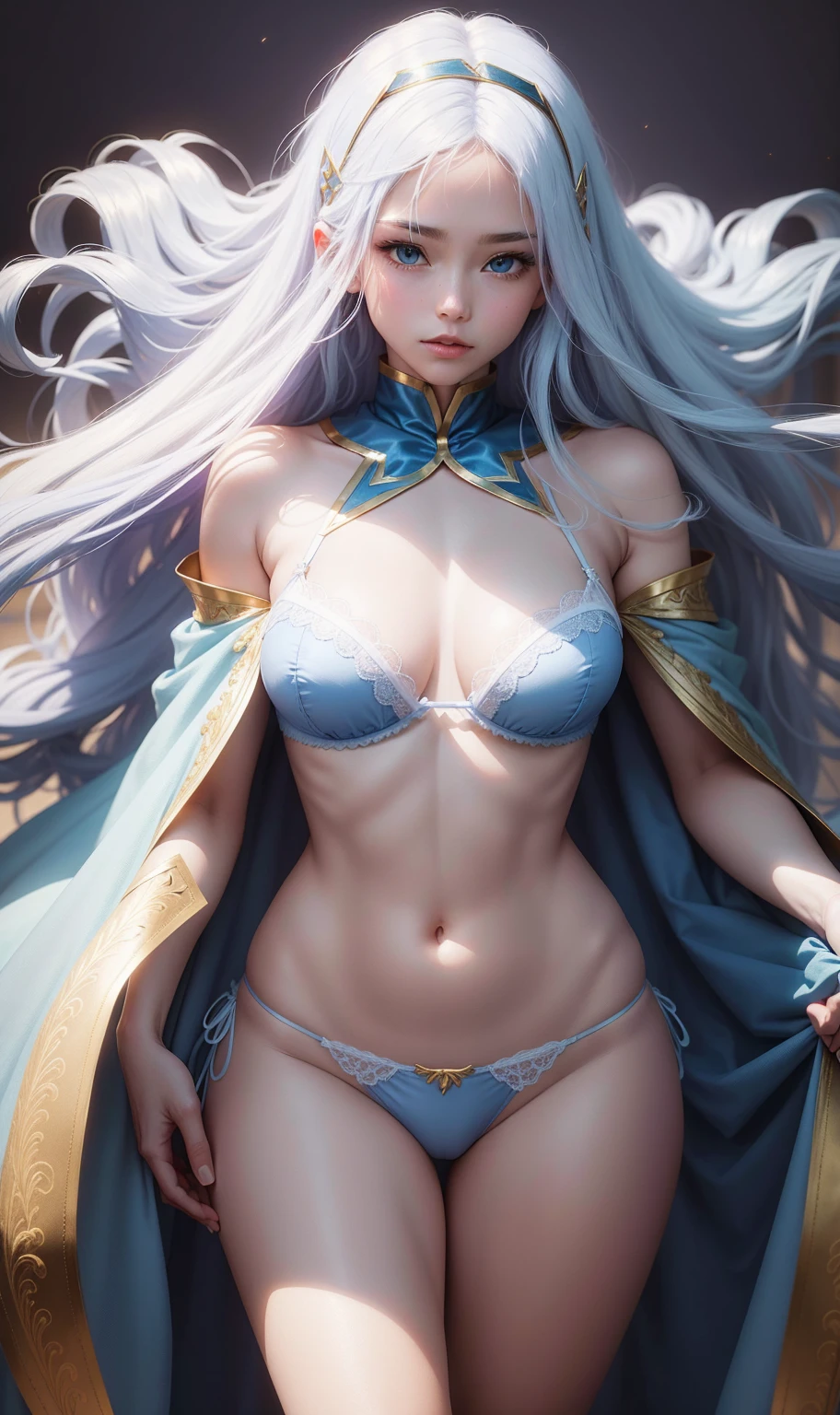  Wearing light blue lingerie, BLUE PANTIES WITH GOLD, white long hair, WHITE HAIR, STAND UP,  HOLDING LARGE PURPLE COVER, wearing cape, thong panties, BLUE THONG PANTIES