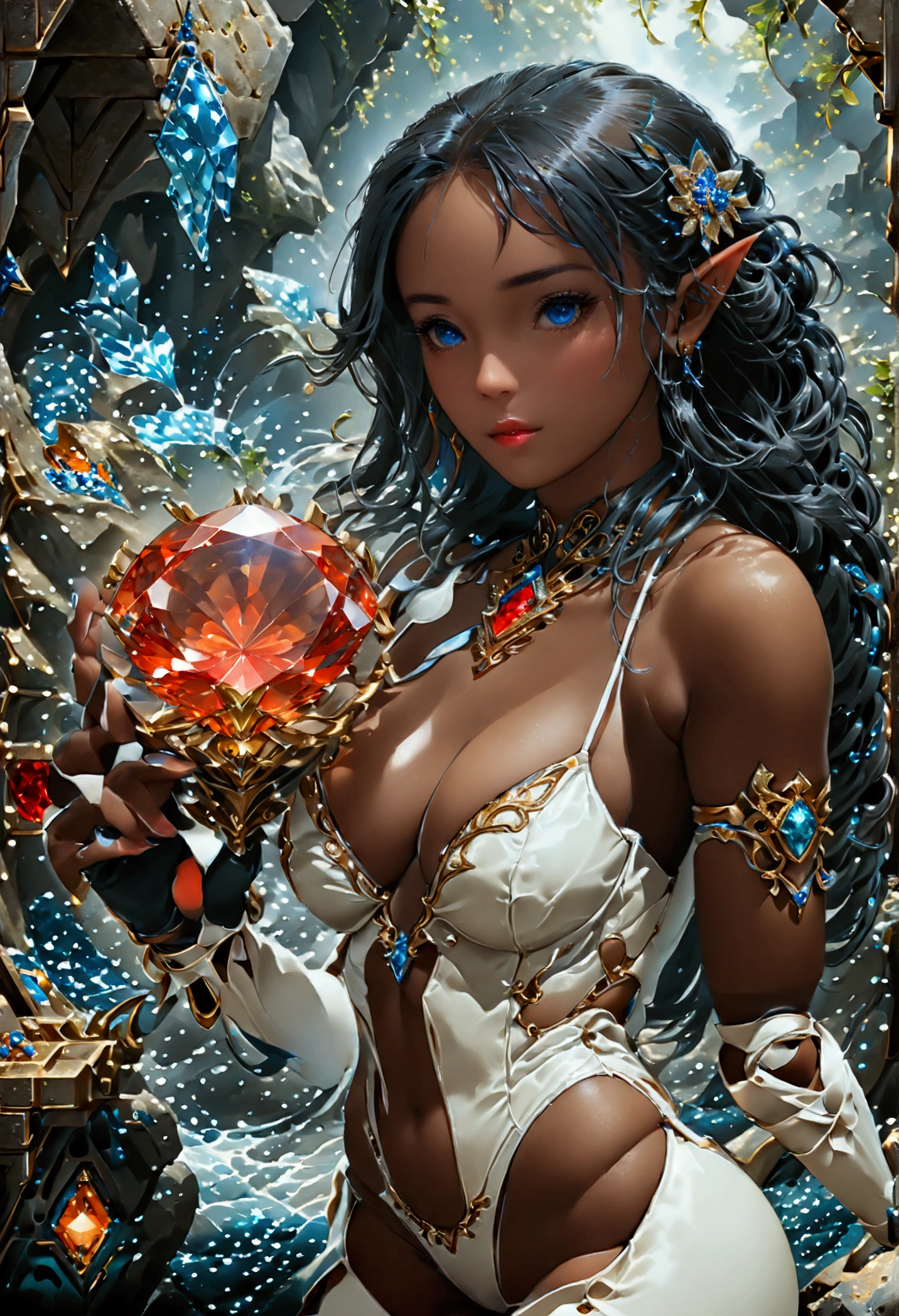a fantasy epic illustration (Julie Bell Elmore style: 1.5)) of a drow elf thief holding a large diamond in a vault, a female drow  elf thief, (black skin), black and color, full body, (small pointy ears), dynamic hair color, dynamic hair style,  ultra detailed face, wearing white leather leotard, white leather pants, busty, small cleavage, high heel boots, she is happy for reaching her goal, success, holding a large sized (red diamond: 1.3), brilliant diamond, many facets, many colors diamond, fantasy safe vault background, torchlight, vibrant, Ultra-high resolution, High Contrast, (masterpiece:1.5), highest quality, Best aesthetics), best details, best quality, highres, 16k, [ultra detailed], masterpiece, best quality, (extremely detailed) RAW, (ultra details, Masterpiece, best quality), art by mooncryptowow, Cinematic Shot