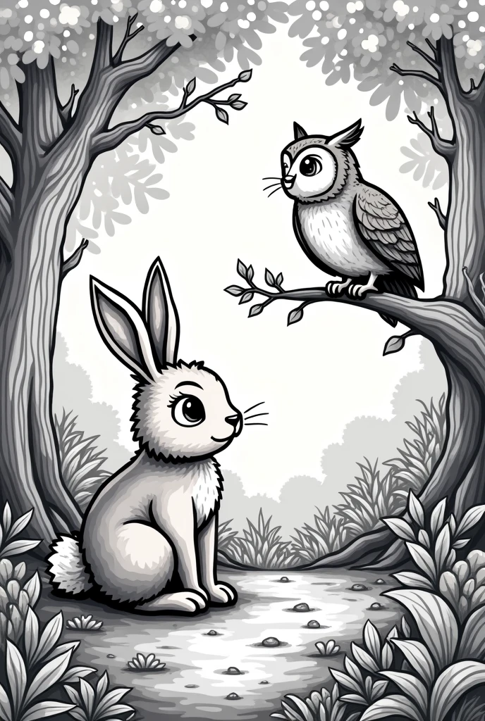 In the woods, A rabbit listens attentively to what the owl tells him, animated coloring page
