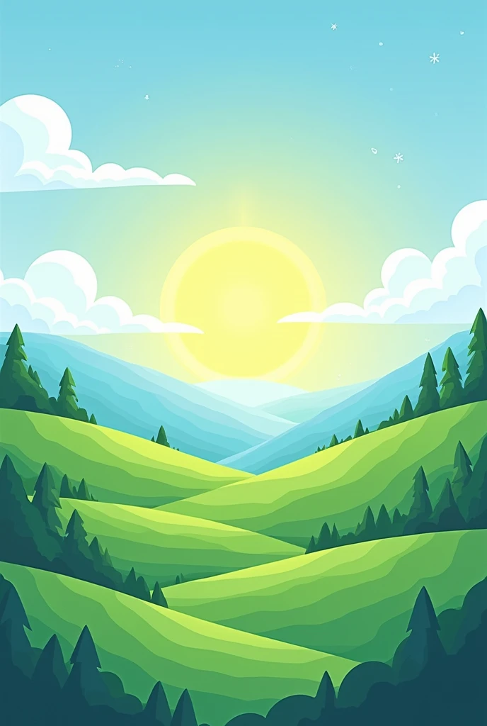 equinox：Sunlight shines through the sparse clouds on the green earth，The sky appears a bright and mild blue，All things are revived。Mobile wallpaper illustration,Nature views, Minimalist illustration, Line illustration, Colorful。circular composition，Flat illustration