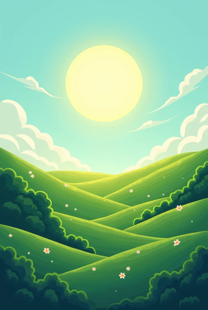 equinox：Sunlight shines through the sparse clouds on the green earth，The sky appears a bright and mild blue，All things are revived。Mobile wallpaper illustration,Nature views, Minimalist illustration, Line illustration, Colorful。circular composition，Flat illustration