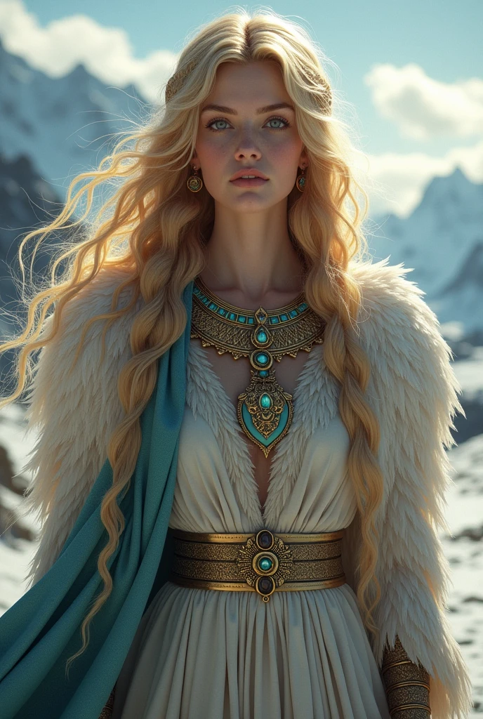 The Norse goddess Freyja in her cloak of gyrfalcon feathers, wearing an elaborate Viking necklace of gold and jewels.