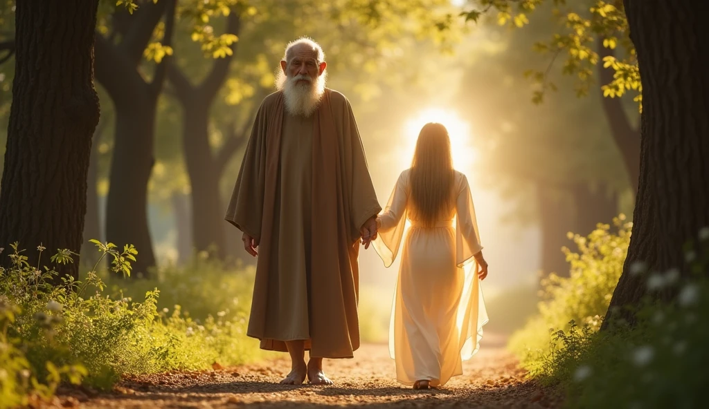 "Create a vivid and realistic scene of Enoch, a biblical character known for walking with God, as described in the Bible. Enoch is portrayed as an old man, but healthy, with a serene and wise expression. He is wearing simple biblical-era clothing., like a long tunic and a robe. The scene takes place in a natural environment, surrounded by leafy trees and a soft light that illuminates the way. next to Enoch, a heavenly and serene presence symbolizing God is walking with him, with an aura of light around. The atmosphere is one of peace and harmony, reflecting the spiritual connection between Enoch and the deity."