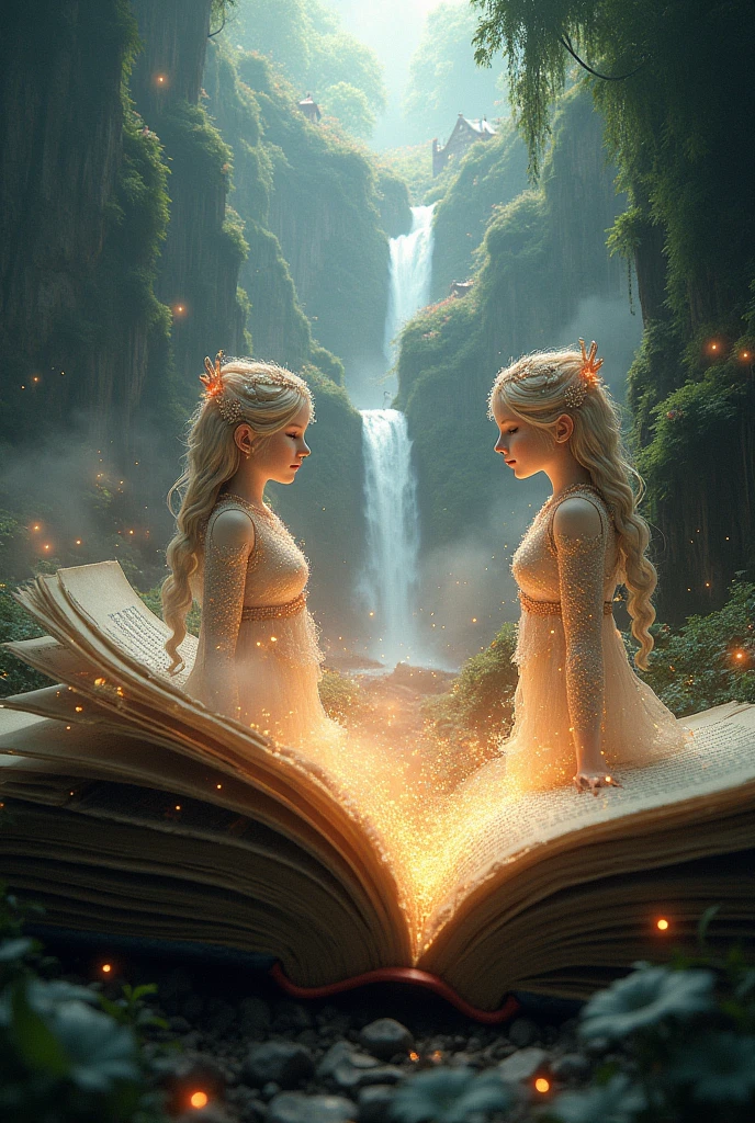 Hyperreal digital art style, "Fairytale", fantasy world coming out of centered book, open book, hyperdetailed double exposure fantasy illustration, masterpiece, cinematic, by Andreas Lie, Luke Gram, photorealism, backlit, gorgeous light