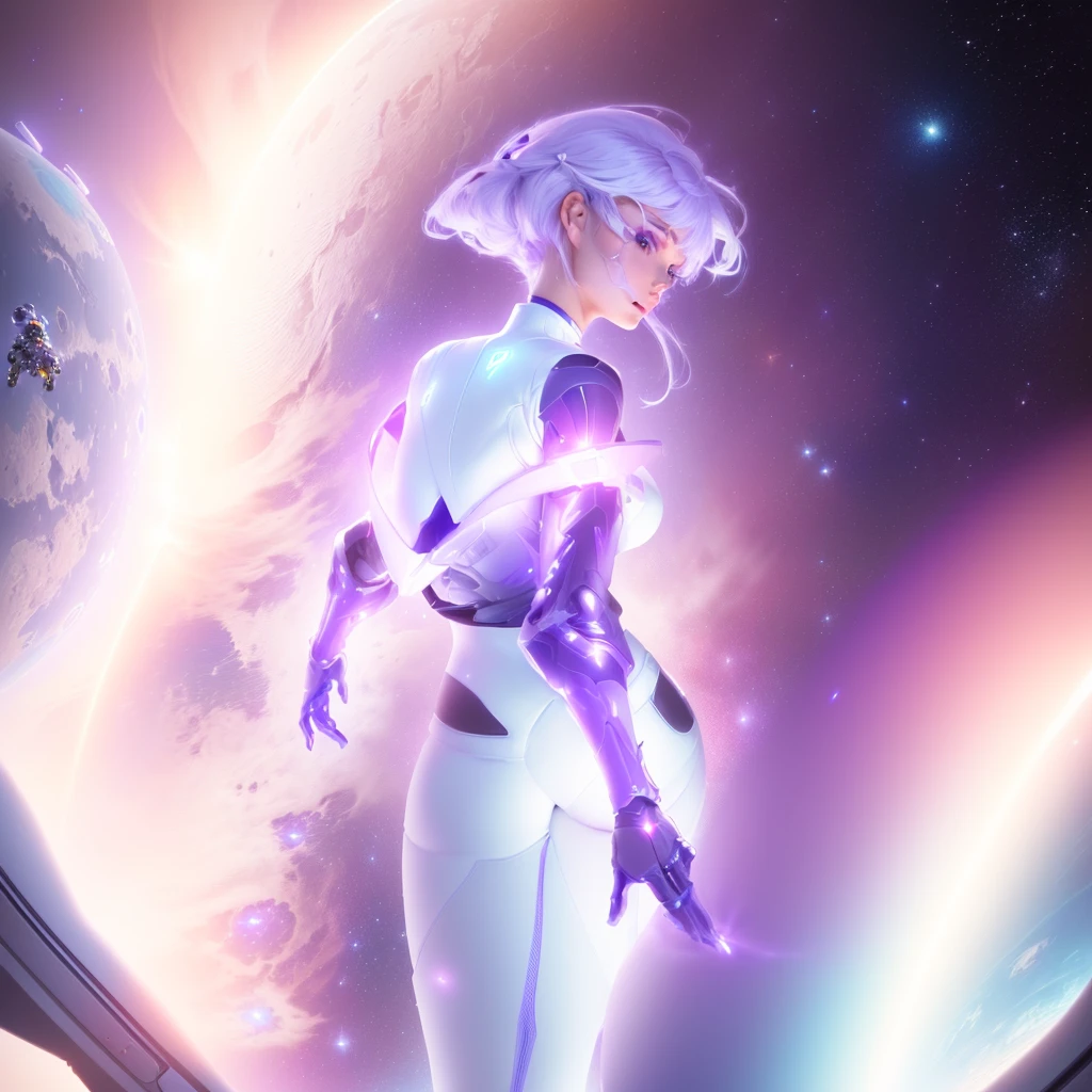 woman in spacesuit standing on platform, Rossdraws Global Illumination, cyborg - girl with silver hair, girl in space, portrait anime space cadet girl, Moebius + loish + oops, inspired by Ross Tran, cyborg goddess in cosmos, sci-fi digital art illustration, Rossrisy 2. 0, powerful woman, sitting in space