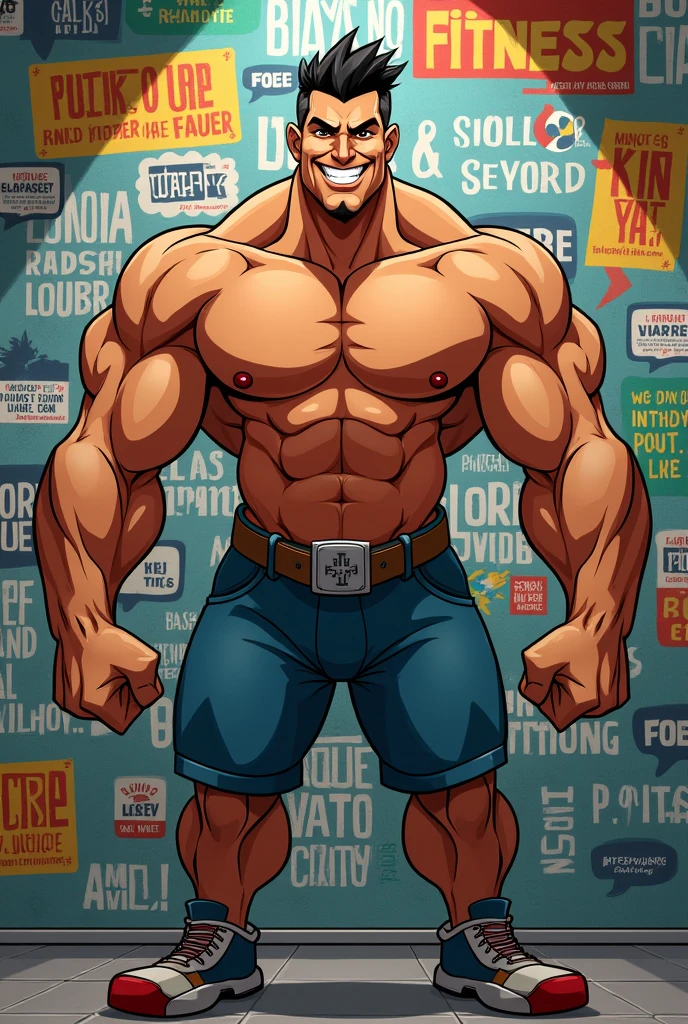 One body builder cartoon character. Name Mostakin . Background many advice wallpaper