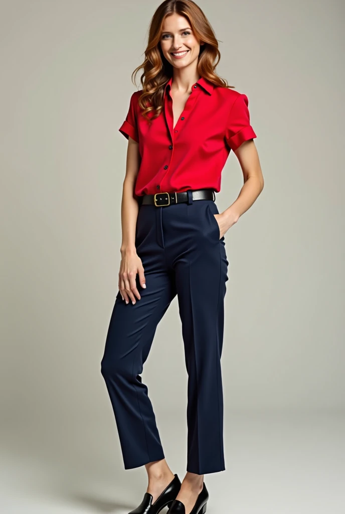 woman in red dress shirt, short sleeve, navy blue pants, black belt and black shoes, Whole body