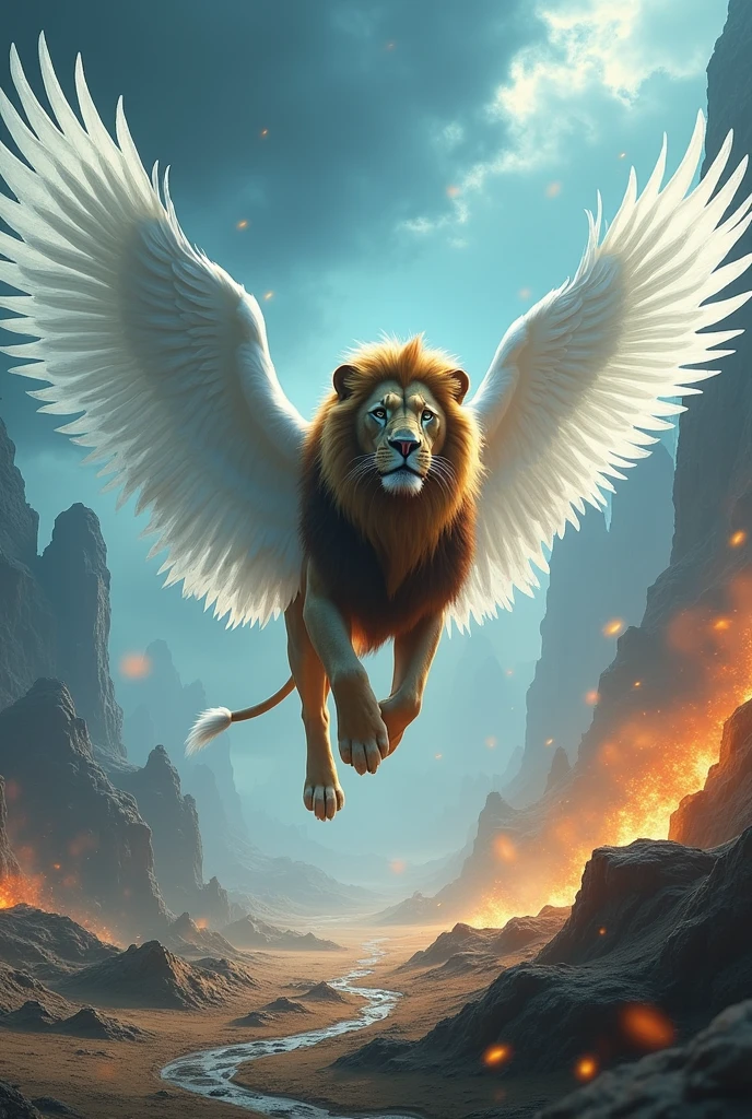 Lion with wings flying in a desert of ice and fire
