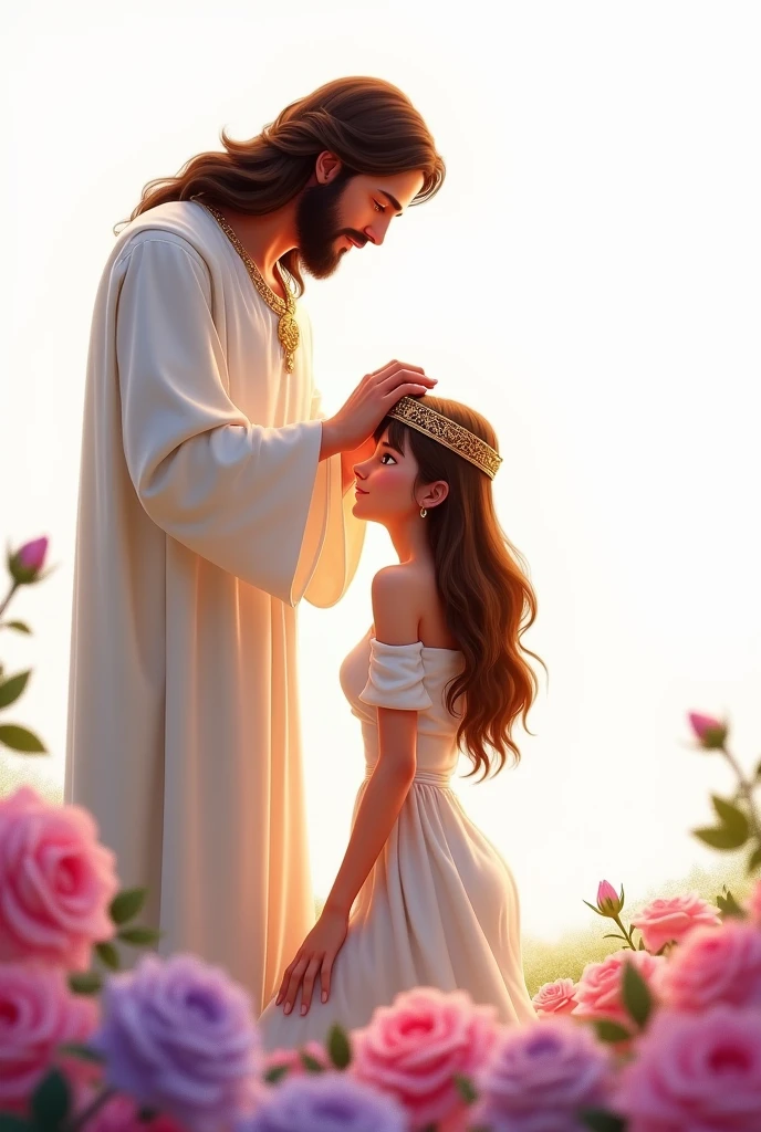 uma moça ajoelhada com roupas brancas e com coroa
desenho no disney pixar style, in a dress with short sleeves and exposed shoulders, big, flowing hair, brownhair, She is with Jesus and Jesus has the crown in his hands and is going to place the crown on the girl's head, place surrounded by pink and lilac roses, white background, the girl's hair is loose and the girl has bangs, disney pixar style