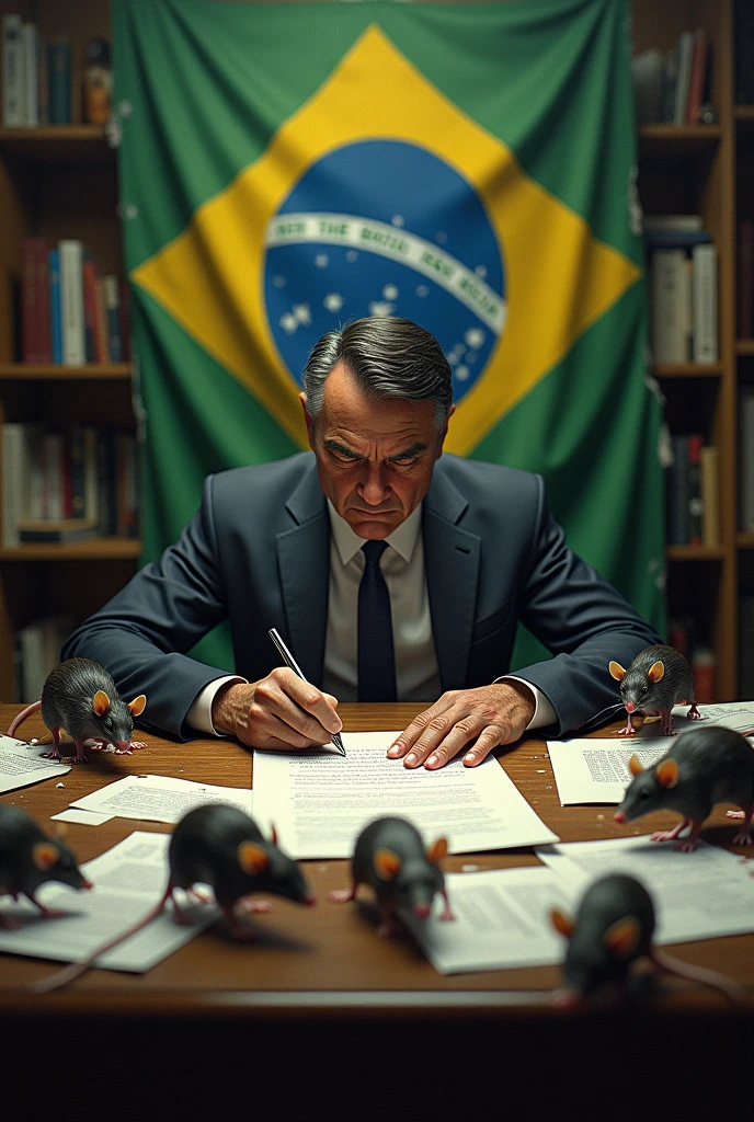 Create an image of Bolsonaro sitting down signing a document and a table full of rats and the Brazilian flag torn behind it