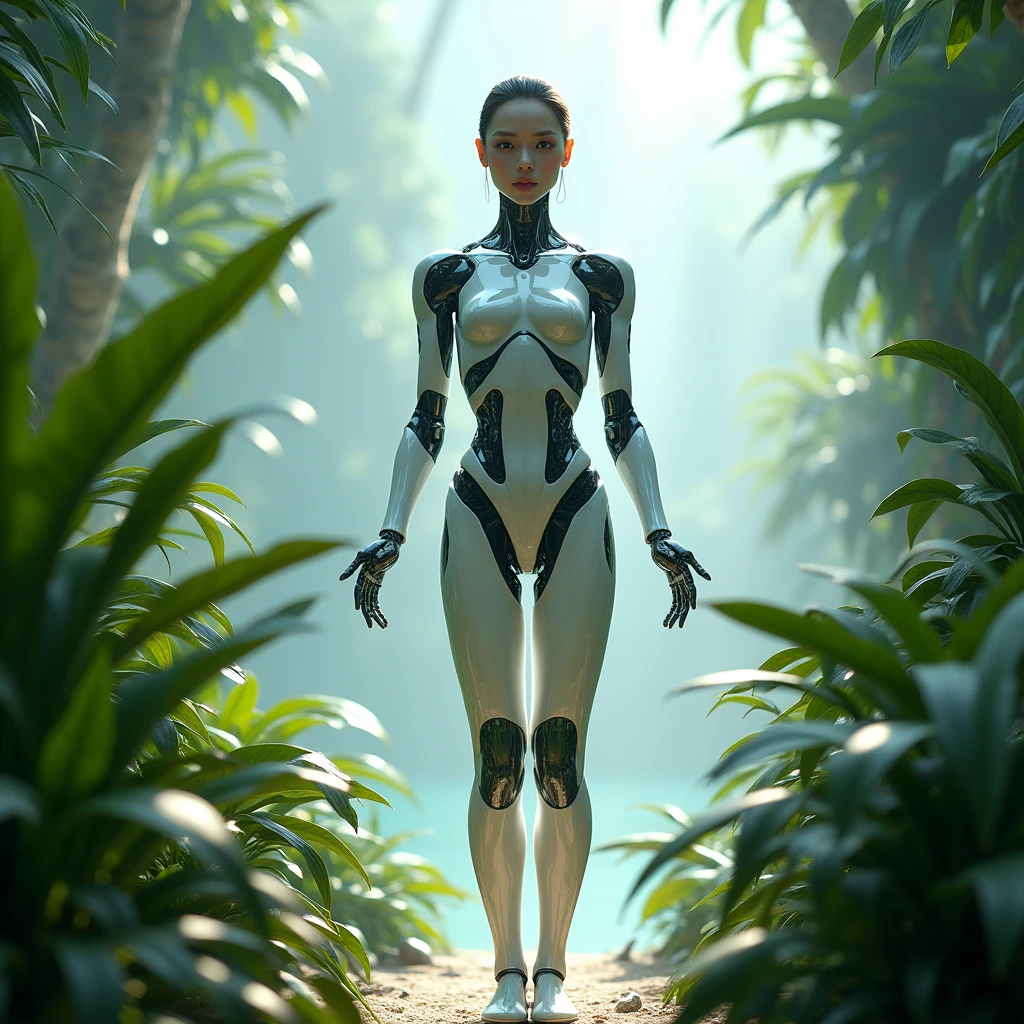 a humanoid artificial intelligence woman facing the camera with her body with tropical plants uniting digital and natural transparent background