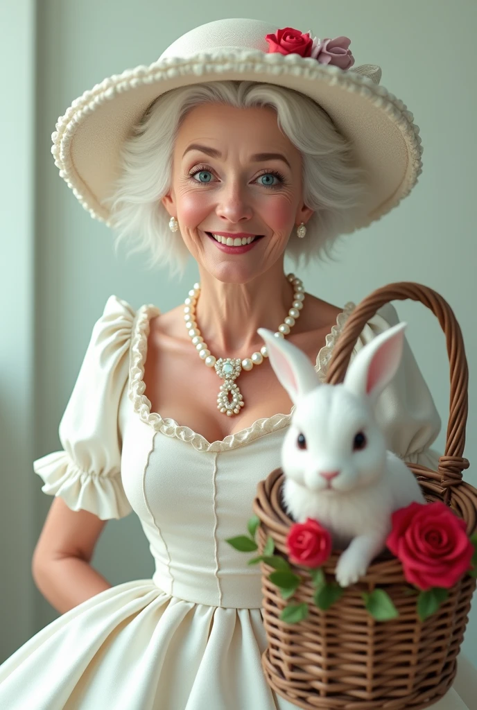 Very old woman hat white woman blue hair
With a very smiling and happy lip
With an old basket with a white rabbit in it
With a white princess dress and
A pearl necklace with a red rose
3Dstyle