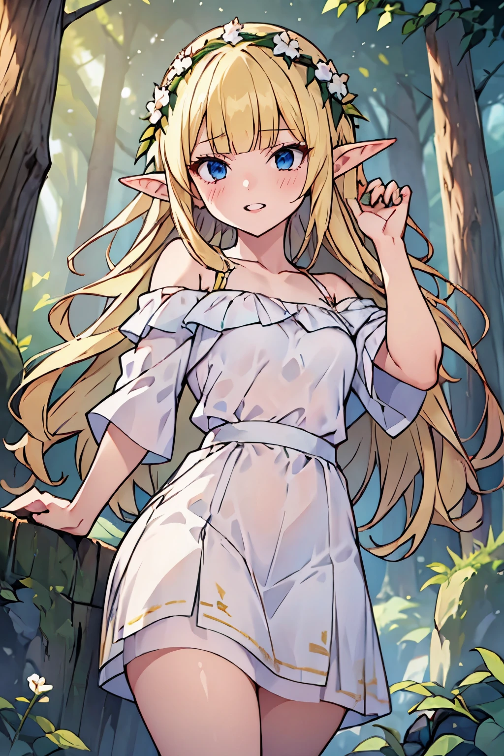 solo girl, (young female body:1.4), ( medium small breasts), cowboy shot, shy smile, flustered, yellow hair, extra long wavy hair, thick wavy hair, hime cut, very blunt bangs, yellow disheveled hair, light blue eyes, forest background, magical trees, river and rocks, elf ears, elf girl, white and leafy green dress, dark green dress, off shoulder sleeves, white flower crown, exposed collarbones, standing, dynamic posing,