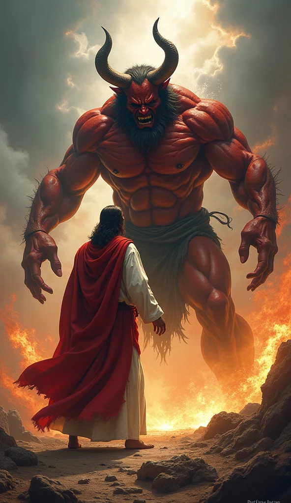 Jesus kicking on big muscular devil face 