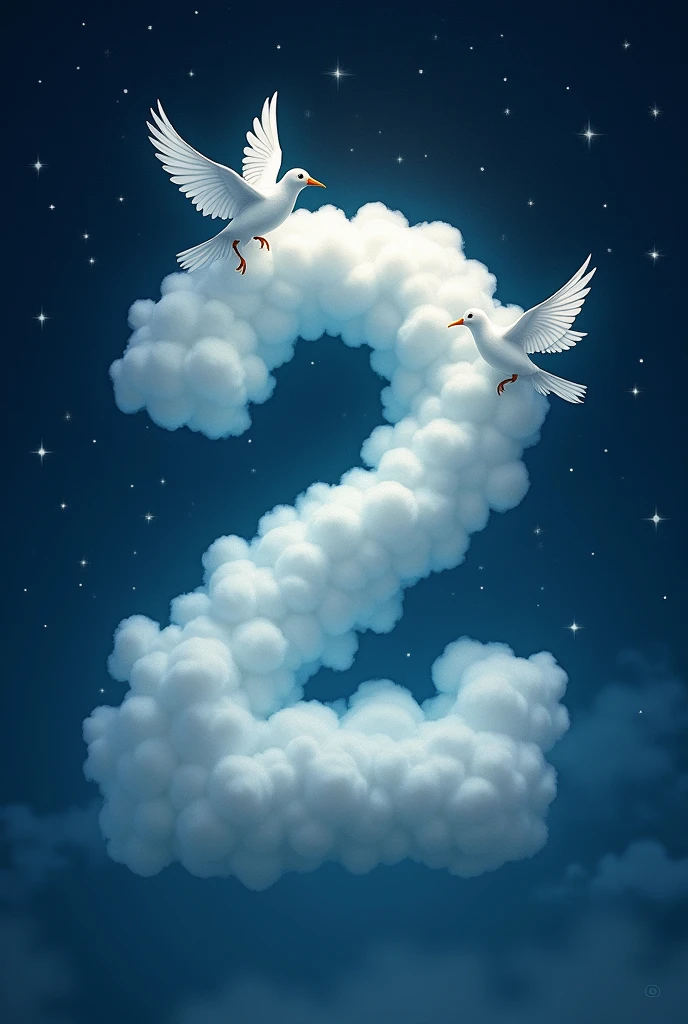 the number 2 as if it were a cloud with 2 birds around it and in the starry sky