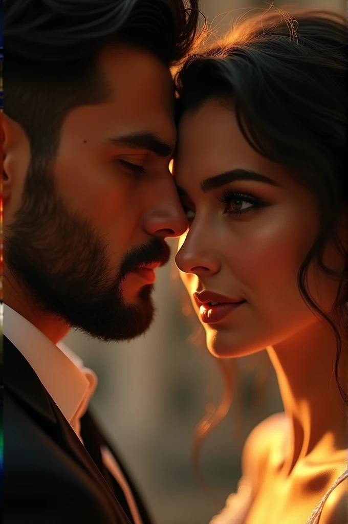 Gökberk Demirci and Özge Yağız, beautiful detailed eyes, beautiful detailed lips, extremely detailed eyes and face, long eyelashes, full body portrait, romantic couple, cinematic lighting, dramatic lighting, warm color tones, photorealistic, 8k, highly detailed, cinematic, masterpiece, concept art, Gokberk dens beard, the detailed ozge yagiz skin, lips detailed, detailed hairs, Masterpiece.