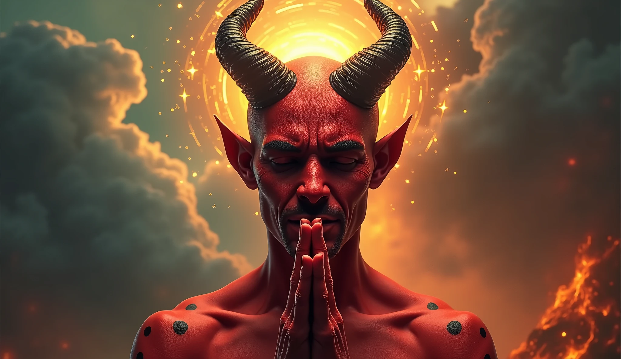 Frontal portrait Hyper focus, A demon (masculine) red skin with black spots (curved horns) eyes closed and hands joined in prayer, discret smile, a halo (neon gold) Above her head, background heaven and hell divided in half, ultra realisitic, Hyper-Realism, Ultra image definition.
