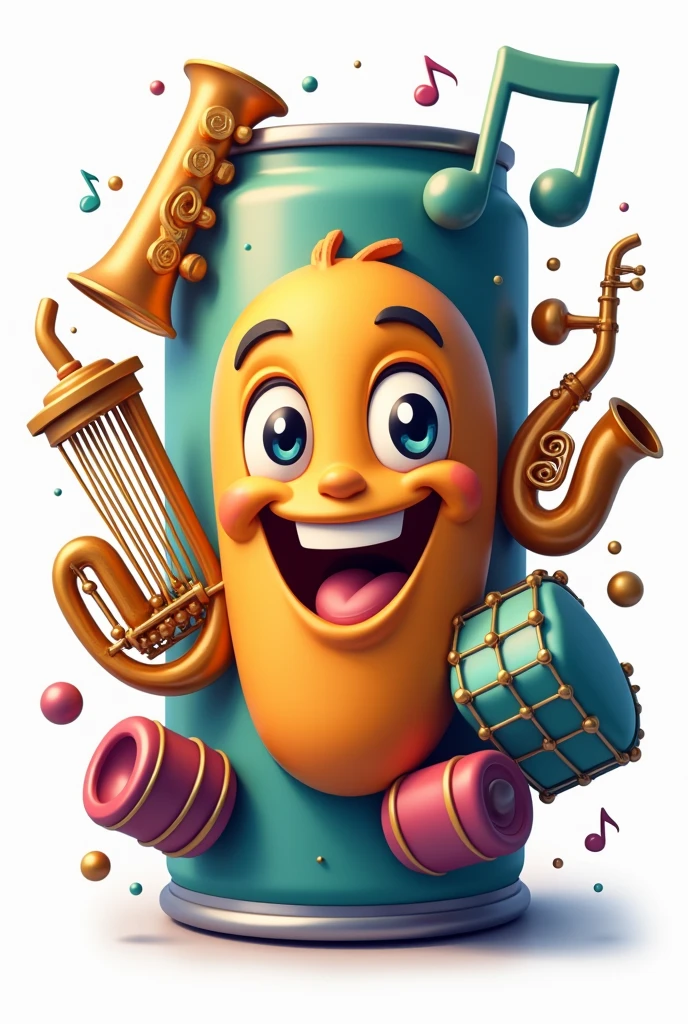 An image of a can with a logo, how happy a bugle is, a snare drum, a tenor, a lyre and a camera in the logo, without people and animated image
