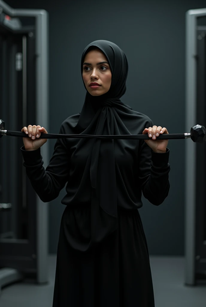 A Muslim gym fitness girl in fully covered clothes black theme doing exercises 