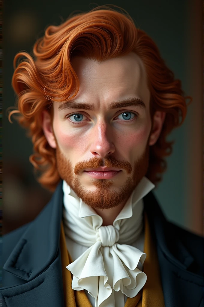 British. Handsome, husband and father. Full lips, straight nose, and a finely shaved beard and mustache. Light blue eyes and messy and long ginger hair.  Dimples and Thick eyebrows and smooth and white skin similar to Christian Hermswood