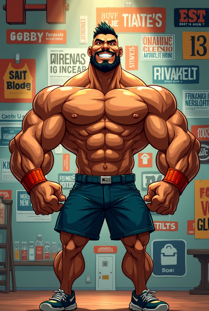 One body builder cartoon character. Name Mostakin . Background many advice wallpaper