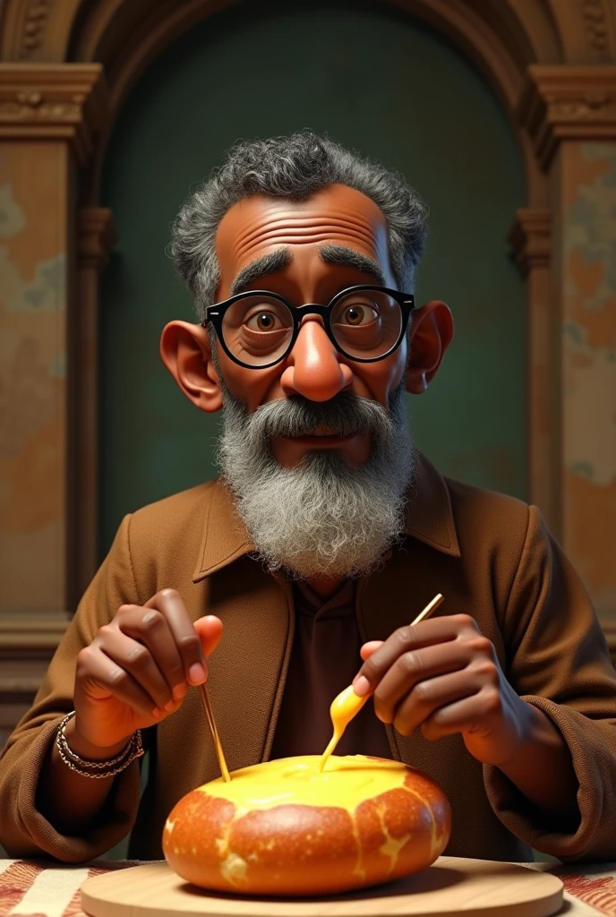 create a pixar of machado de assis, black man with a thin nose, with a big white beard, black cut hair, thin glasses ,writer eating round cheese bread, in an ancient environment