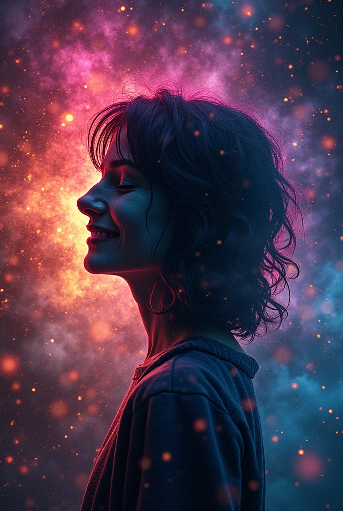nightmare、psychedelic、Space is distorted、showy、dreamlike、The colors are noisy、A distorted silhouette of a person、smiling