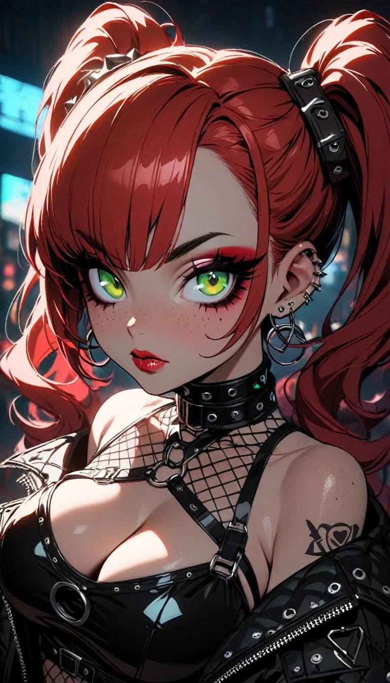 woman, curly red hair in pig tails, green eyes, eye shadow, long black jacket, red plaid skirt, black finger-less gloves, exposed shoulders, large breasts, freckles, cleavage, fishnet undershirt, looking at viewer, Holo-Punk Style, goth, earrings, eyelashes, jewelry, lips, makeup, solo, tattoo, punk aesthetic, cinematic lighting, masterpiece, best quality