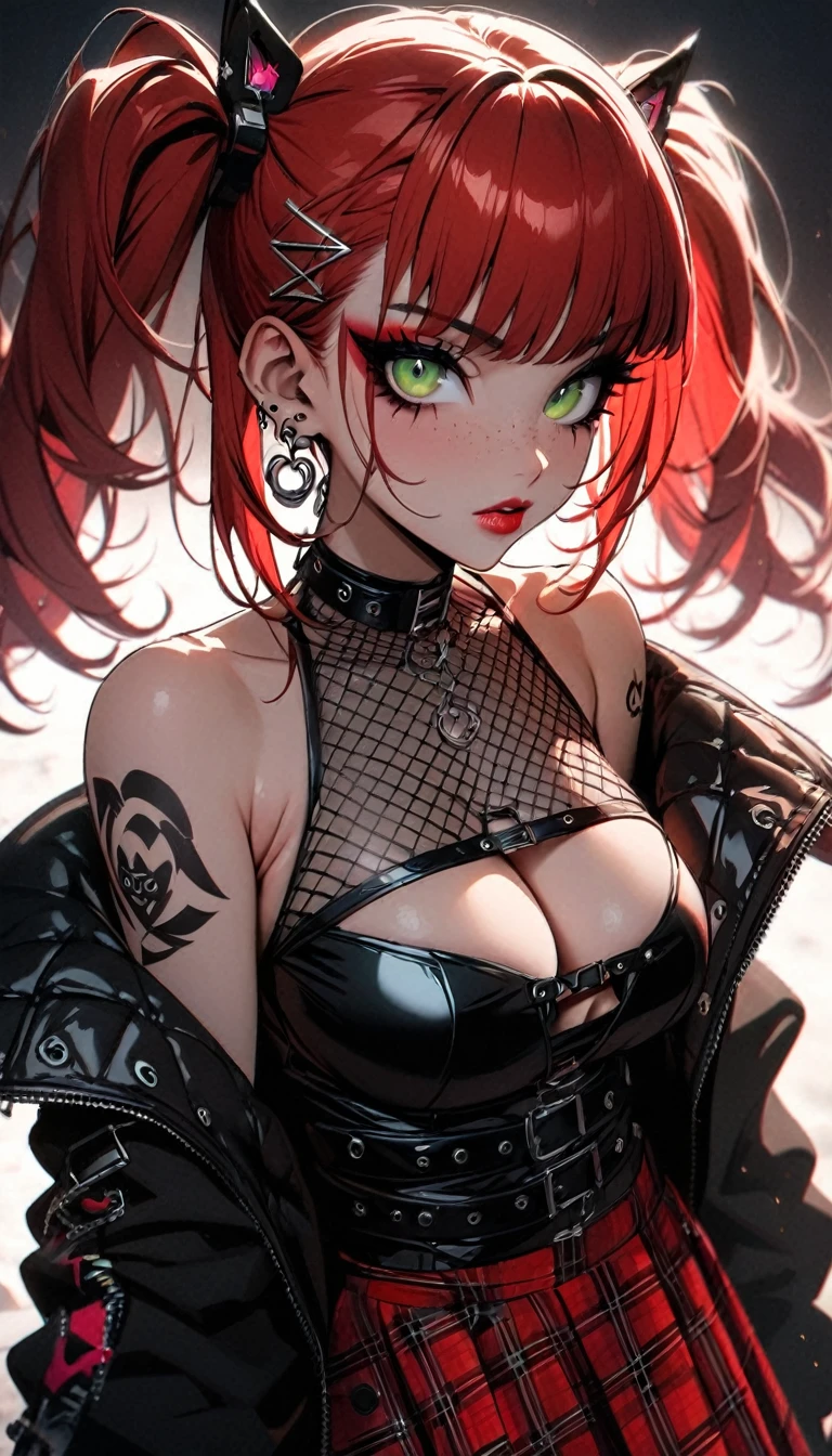 woman, curly red hair in pig tails, green eyes, eye shadow, long black jacket, red plaid skirt, black finger-less gloves, exposed shoulders, large breasts, freckles, cleavage, fishnet undershirt, looking at viewer, Holo-Punk Style, goth, earrings, eyelashes, jewelry, lips, makeup, solo, tattoo, punk aesthetic, cinematic lighting, masterpiece, best quality