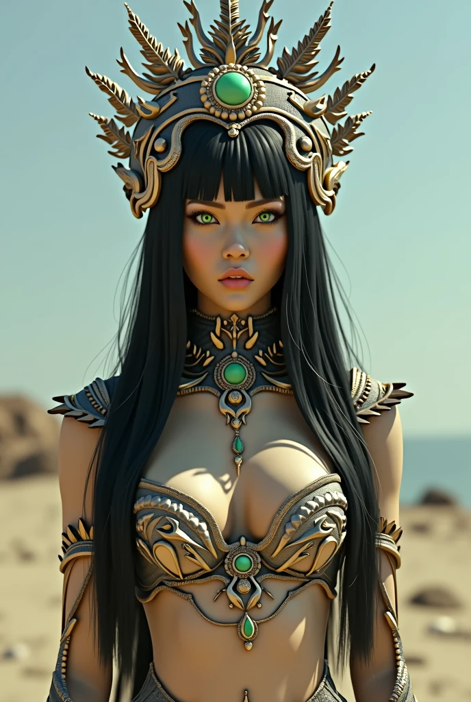 Whole body, green eyes, waist-length black hair, detailed face, detailed skin, delicate headdress, open space, masterpiece, Best Quality, fancy, parametric, vibrant colors, photorealistic, cinematographic, (gigantic chest:1.2), Wide hips.