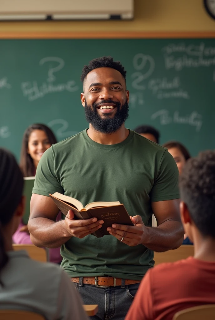 Strong and bearded mixed race teacher smiling giving a white class with a book in his hand.