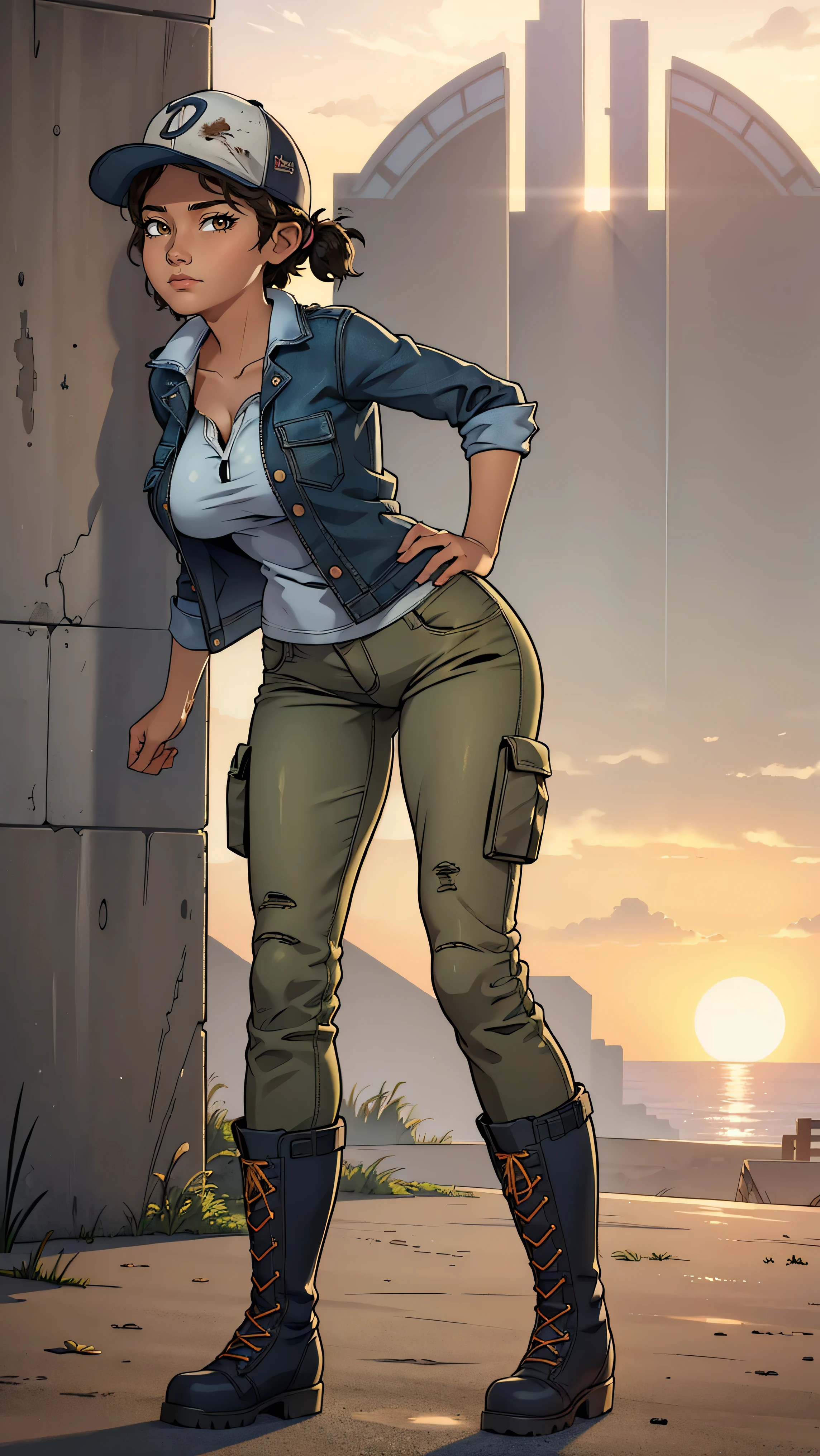 ((masterpiece, best quality)),(complex lighting) ,solo,(((1girl))) ,clementine, light skin,light-skinned female, baseball cap, green cargo pants, brown eyes, tight pants, combat boots, shirt, short hair, one short ponytail, open denim jacket, huge butt, thicc butt , (((8k))), (((full body))), (((bent over))), (((looking at the viewer))), (((view from in front of her))), big breasts