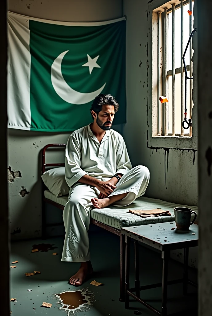 "Create a photo-realistic scene of Imran Khan, the former Prime Minister of Pakistan, sitting in a grim and poorly lit prison cell. He is on a narrow metal bed with a thin, torn mattress, wearing wrinkled and stained white prison clothes that reflect the harsh conditions. The small cell features rough concrete walls and a single barred window allowing minimal light. A vibrant PTI flag hangs prominently on the wall behind him, contrasting sharply with the drab surroundings. Imran Khan's expression shows resilience mixed with fatigue from enduring the tough environment. The cell is in disrepair, with a broken, flickering light bulb, rusty metal bars, and a leaking pipe creating a puddle on the cold floor. A nearby table is cluttered with crumpled papers and an old, dented metal cup, heightening the sense of struggle. Shadows cast by the bars further enhance the feeling of isolation and hardship."