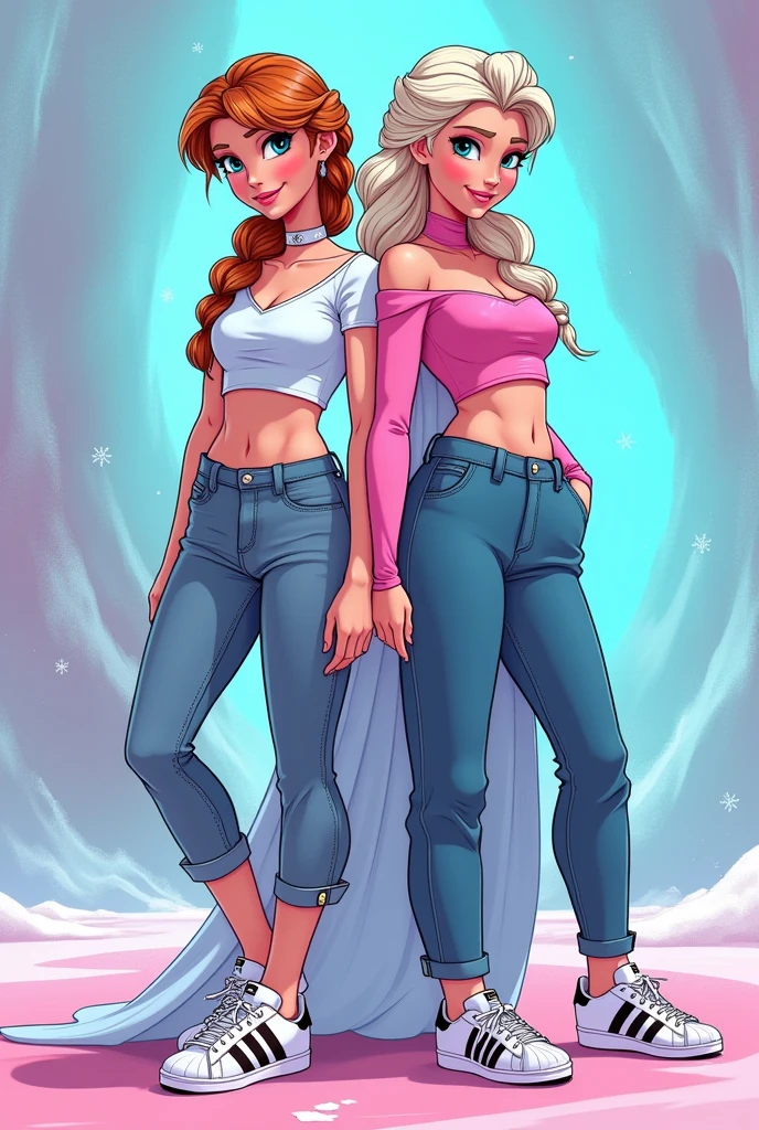Anna And Elsa from Frozen belly-baring with Adidas Superstar
