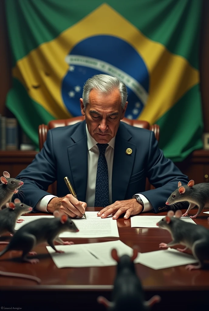 Create an image of Minister Alexandre de Moraes sitting down signing a document and a table full of rats and the Brazilian flag torn behind it