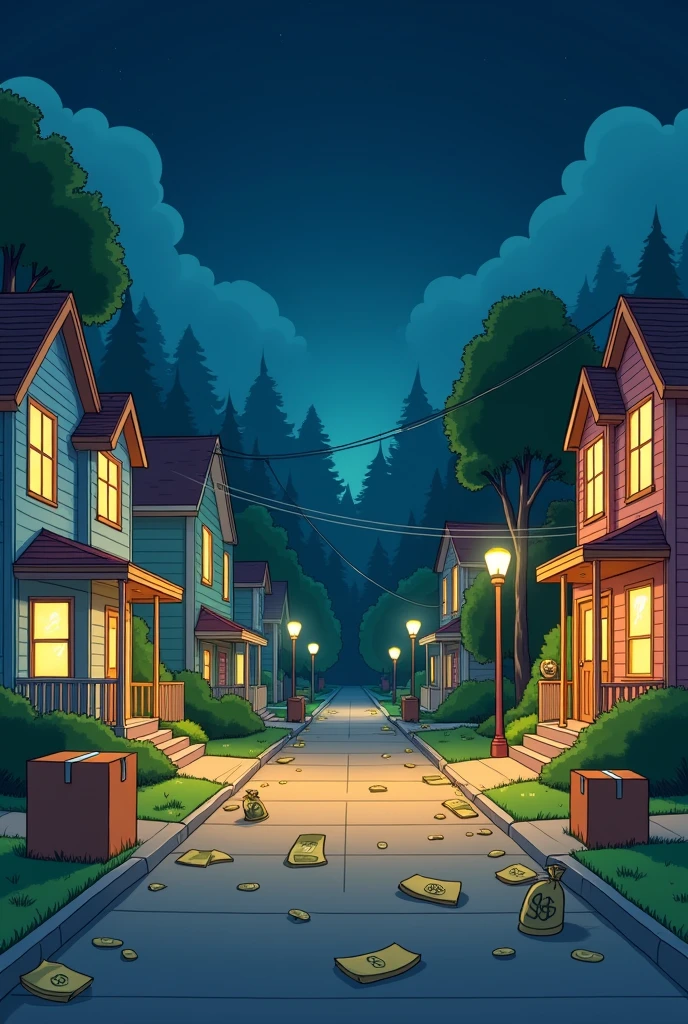 suburban neighborhood with buildings at night and money bags on the ground and cartoon brown cardboard boxes