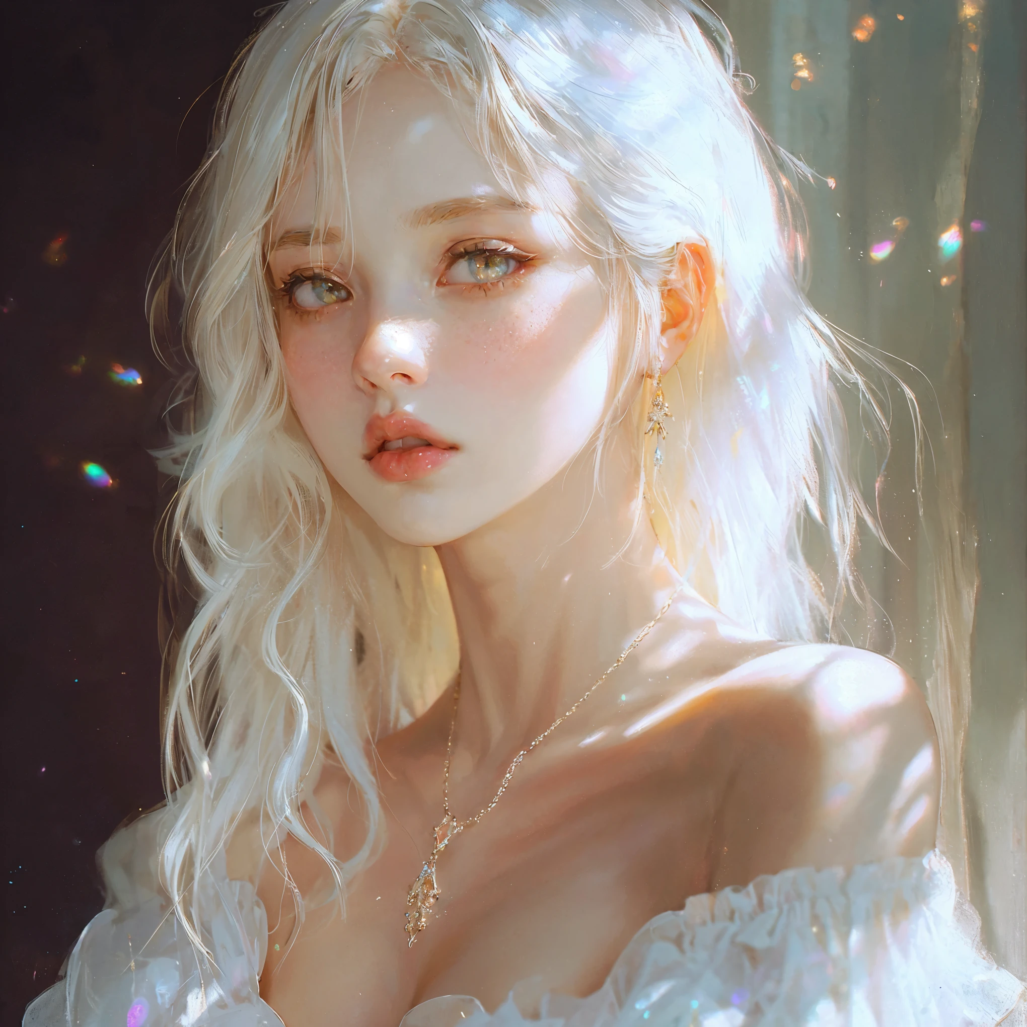 1girl, solo, beautiful detailed eyes, beautifully detailed lips, pale skin, delicate features, porcelain-like complexion, elegant pose, graceful posture, ethereal beauty, light atmosphere, soft and subtle lighting, delicate, fine brushstrokes, realistic rendering, vibrant colors, dreamlike ambiance, soft painting style, a sense of tranquility, a masterpiece capturing the essence of purity and grace, gorgeous breasts, cleavage, sexy, ((aesthetic soft painting background)), (Style by NTY), sexy, ((rainbow glowing specks on the skin)), ((wet skin)), mascara, eyelashes, glitter on her face, sexy lips, nice contrast, light particles, soft lighting, volumetric lighting, finely detailed, ((big breasts)), (((looking at the viewer))), extremely beautiful eyes, Extremely detailed eyes, light-colored eyes, post-Impressionist, rich gradient, extreme colors, extreme details, clear light perception, a fantasy or mythical character, elegant, anime-inspired, delicate features, long white hair, soft lighting, gentle shadows, pastel palette, graceful pose, refined attire, serene mood, romantic, ethereal atmosphere, detailed rendering, contemporary illustration style, subtle highlights, fantastical, ethereal figure, delicate features, blonde flowing hair, soft lighting, iridescent wings, antlers, glowing highlights, dark background, subtle color transitions, purples, blues, and soft golds, dreamy, mysterious atmosphere, fantasy-inspired style, enchanting mood, high-detail rendering, otherworldly beauty