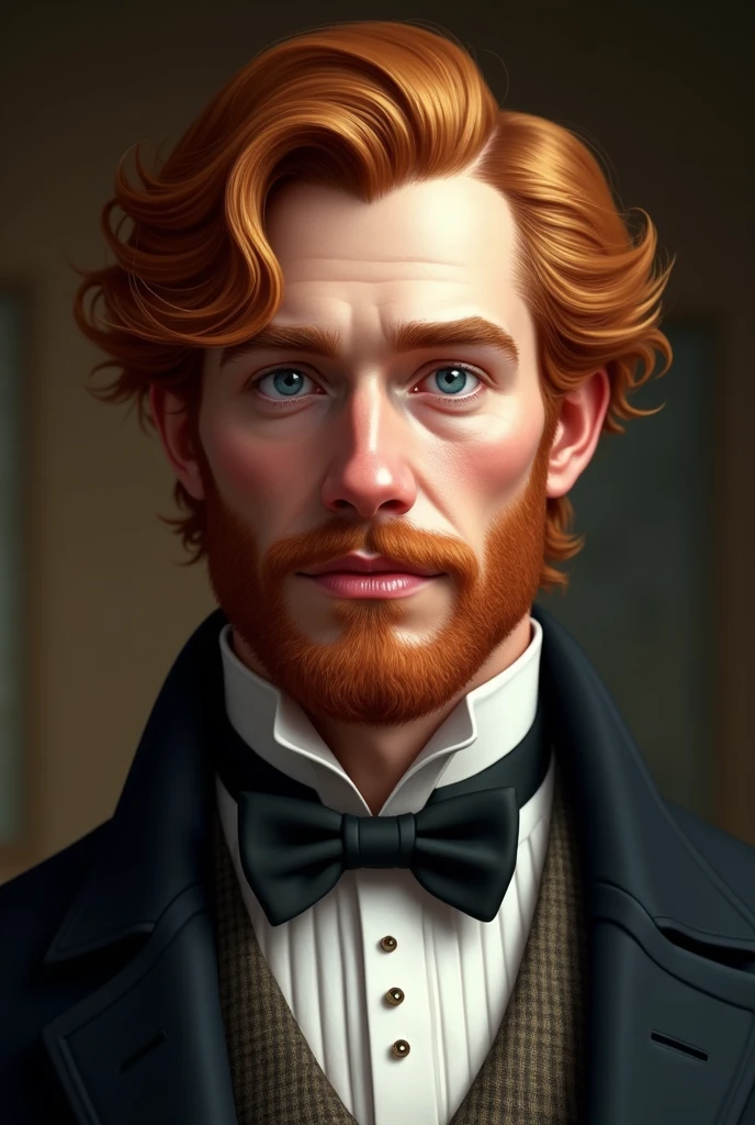 British. Handsome, husband and father. Full lips, straight nose, and a finely shaved beard and mustache. Light blue eyes and messy and long ginger hair. Dimples and Thick eyebrows and smooth and white skin similar to Christian Hermswood