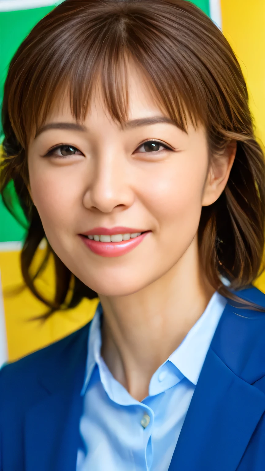 One Japanese woman、Gorgeous Long Hair、((Highest quality)), ((8k)), ((masterpiece: 1.3)), (Perfect looks), (Photorealism: 1.6), (Woman in office), Japanese women, (40 years old), Married women, ((Realistic skin texture: 1.8)), (Fine wrinkles that appear all over the skin: 1.3), (Dullness: 1.1), (Unmoisturized skin: 1. 2）、（Facial wrinkles：0.9）、 （Wrinkles around the eyes：1.2）、double eyelid、Lower eyelid furrow、（Tears：0.9）、Eyes are looking at me、 Smile with your lips slightly open、（Dimples：1.2）、（Office Lady Suits:1.1）、（Cowboy Shot:1.4）、Leaning forward、 (Front view)