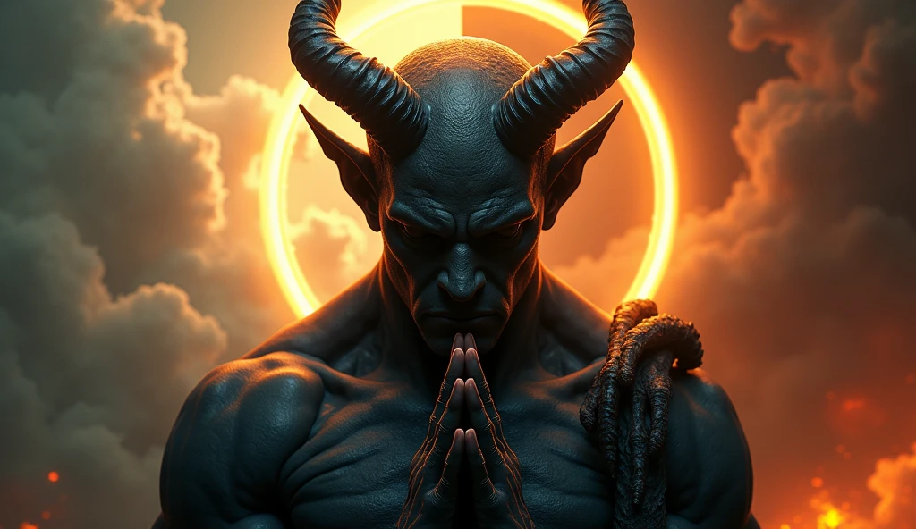 Frontal portrait Hyper focus, A demon (masculine) darkskin (curved horns) eyes closed and hands joined in prayer, discret smile, a halo (neon gold) Above her head, background heaven and hell divided in half, ultra realisitic, Hyper-Realism, Ultra image definition.