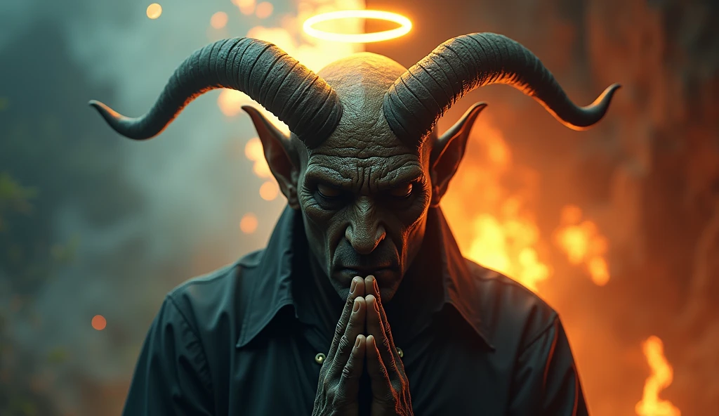 Frontal portrait Hyper focus, A demon (masculine) darkskin (curved horns) eyes closed and hands joined in prayer, discret smile, a halo (neon gold) Above her head, background heaven and hell divided in half, ultra realisitic, Hyper-Realism, Ultra image definition.