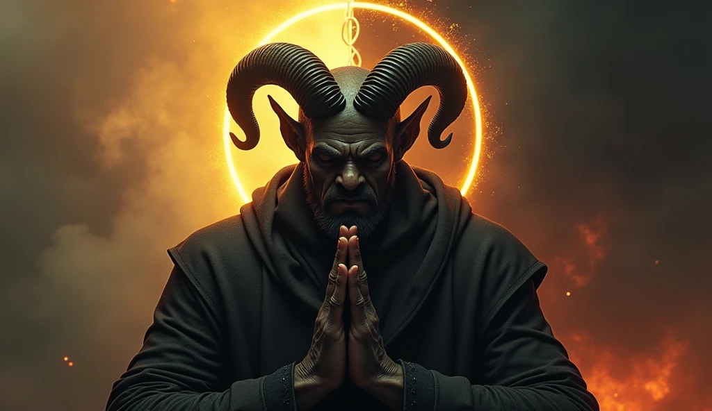 Frontal portrait Hyper focus, A demon (masculine) darkskin (curved horns) eyes closed and hands joined in prayer, discret smile, a halo (neon gold) Above her head, background heaven and hell divided in half, ultra realisitic, Hyper-Realism, Ultra image definition.