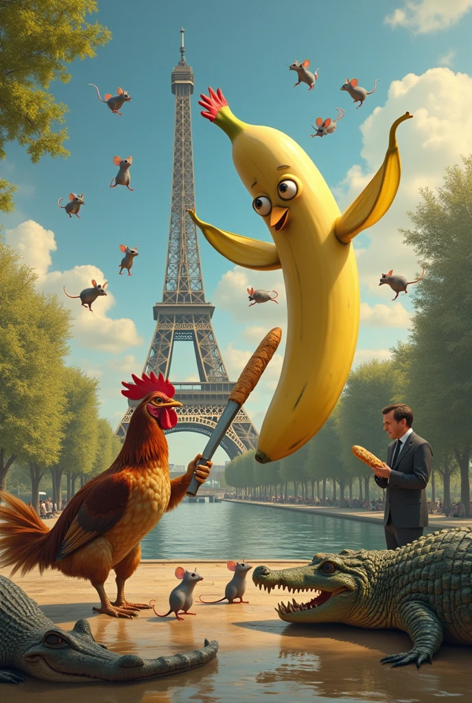 Un banane realiste qui combat une poulette avec une machette et des crocodile qui les regarde et des des souris qui danse sur la tour a paris et Emanuel Macron qui mange un pain 