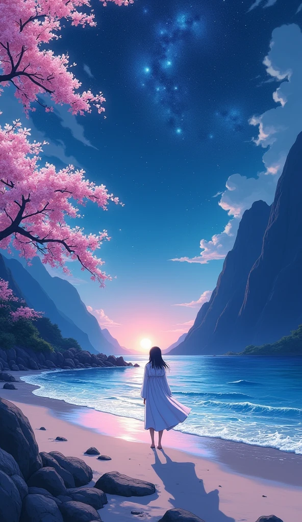 BREAK (masterpiece:1.2), best quality, high resolution, unity 8k wallpaper, (illustration:0.8), (beautiful detailed eyes:1.6), extremely detailed, perfect lighting, extremely detailed CG, Beach, mountains, Sakuras, sea, shining stars,, night,